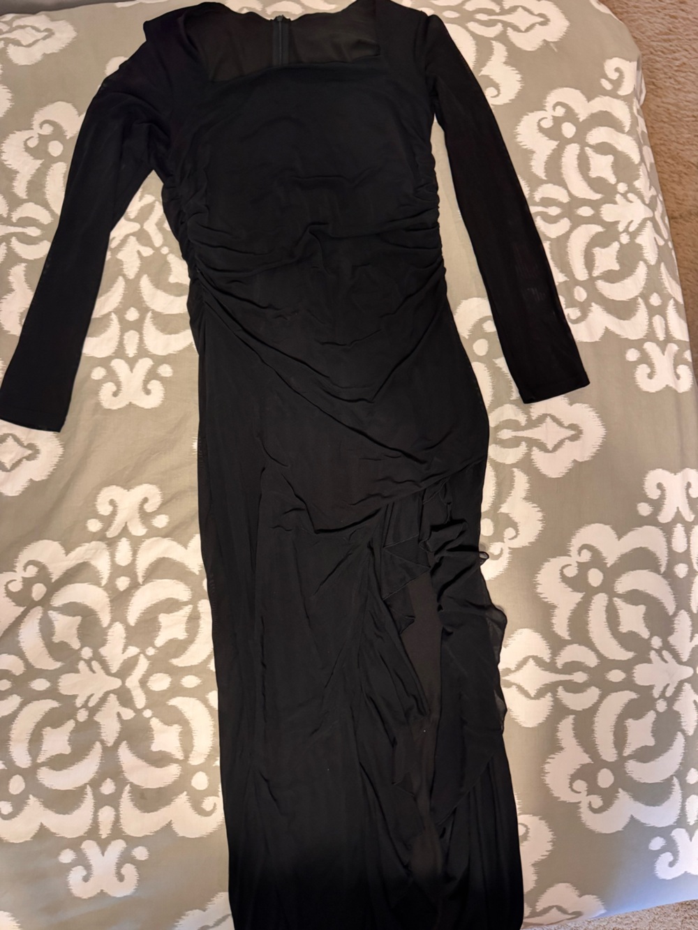 Black Long Sleeve Ruffle Slit Dress